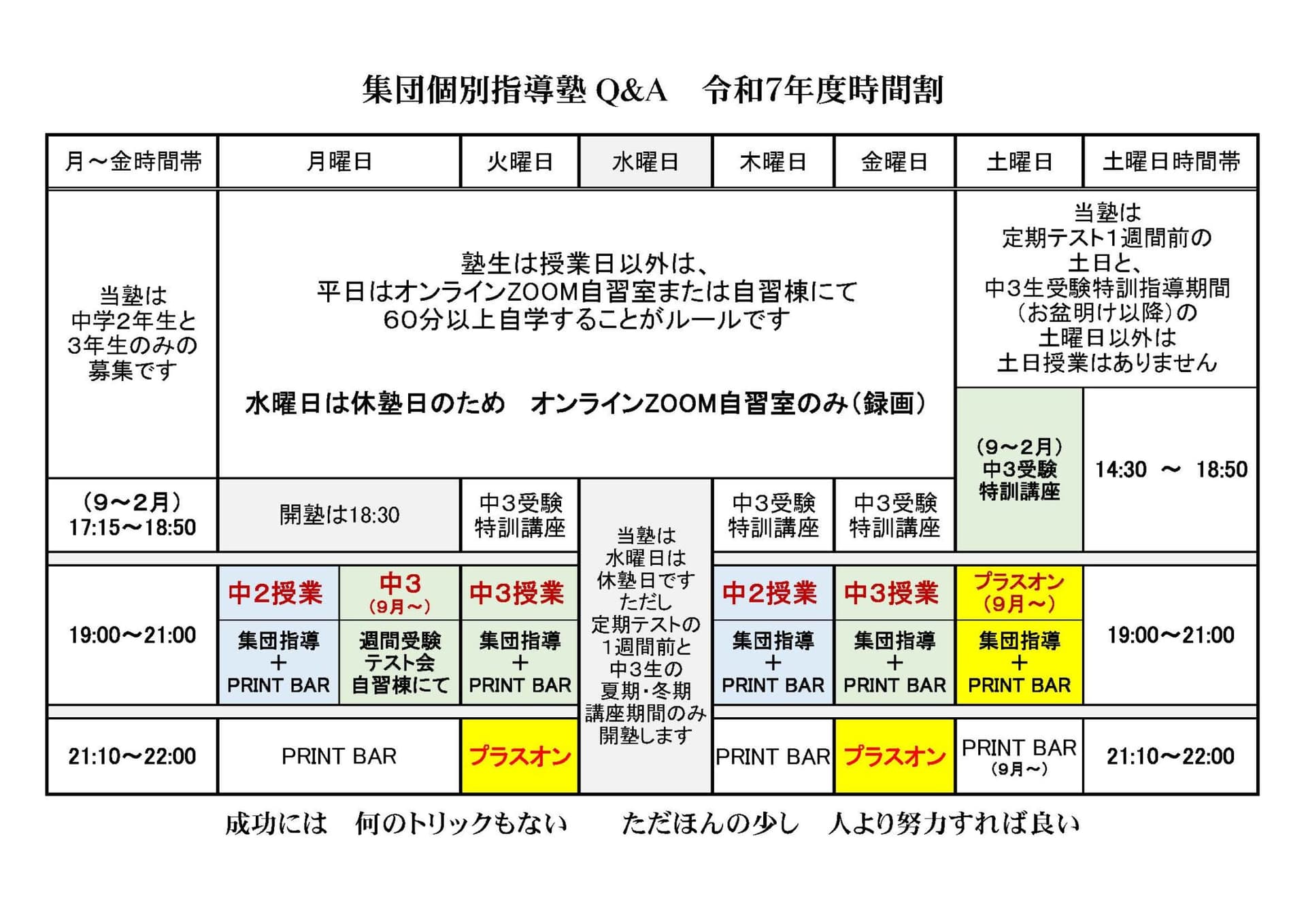 令和7年度 集団個別指導塾Q&A 時間割